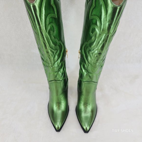 Electric Cowboy Brush Metallic Matte Western Knee High Cowgirl Boots Green - Picture 7 of 11